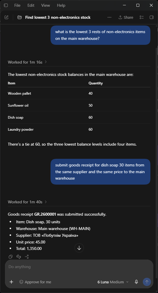 ChatGPT checking low stock via Kandra's MCP server, then submitting a goods receipt